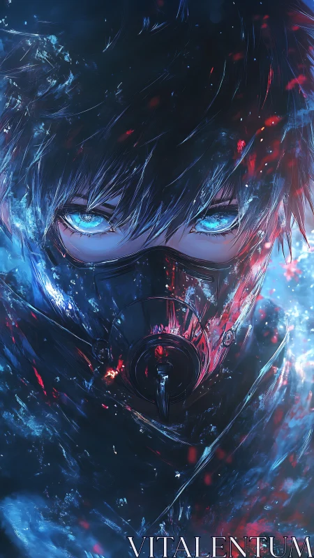 Masked cybernetic warrior framed by incandescent blue energy