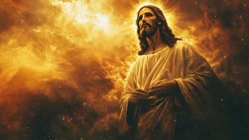 Figure in radiant robes amid luminous golden nebula field.