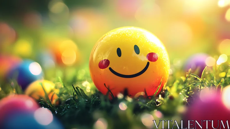 Smiling yellow ball glows among colorful garden lights.