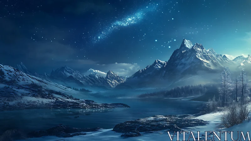 Starlit glacier peaks cradling a hush-blue winter lake.