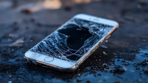 Fractured smartphone glass on wet asphalt in shallow focus.