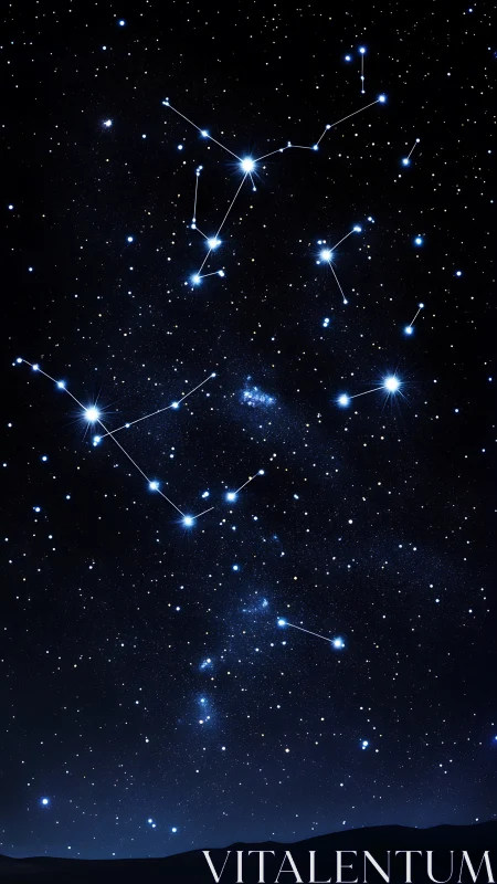 Night sky panorama maps constellations with luminous vector lines