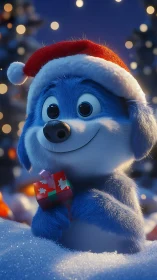 Blue cartoon puppy in Santa hat holds gift in snowy bokeh scene