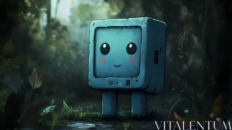Boxy teal robot with cute face standing in forest clearing.