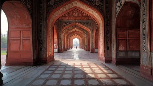 Sunlit crimson arches guarding a quiet marble passage.