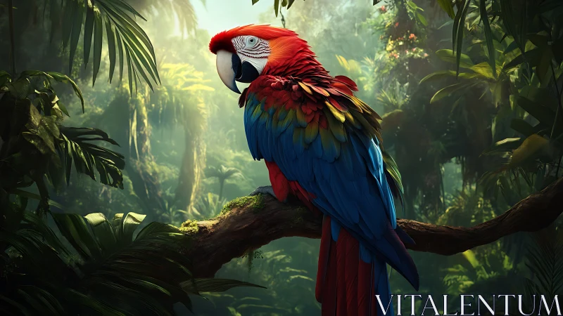 Photorealistic scarlet macaw in layered tropical canopy study.