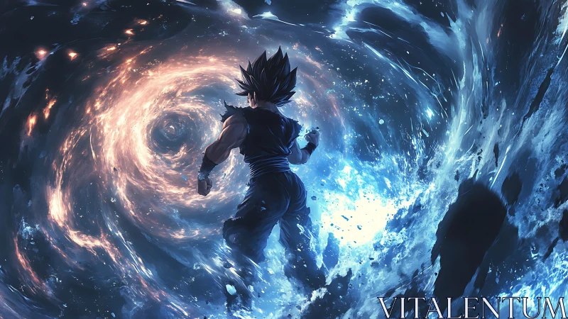 Cosmic warrior silhouette confronting swirling energy vortex.