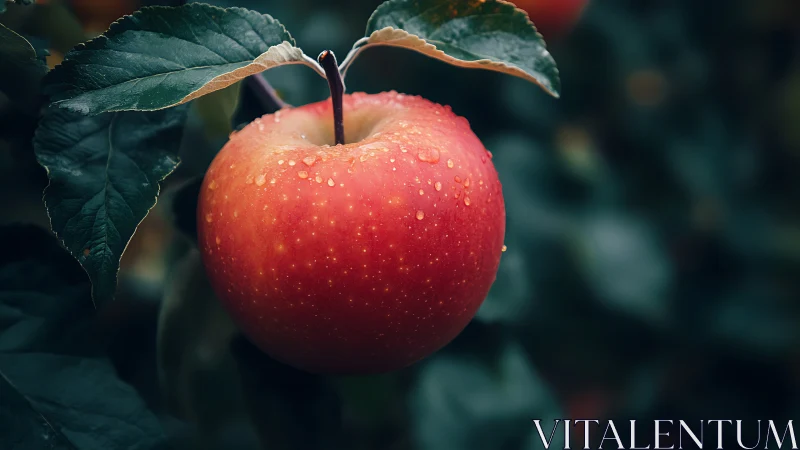 Single red apple with water droplets on tree branch.