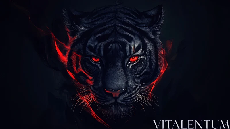 Midnight tiger portrait with glowing red spectral flames.