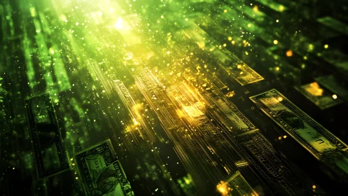 Digital Money Flow Concept in Futuristic Green and Gold Style.