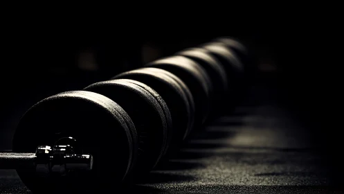 Low-key gym still life isolates textured dumbbell cylinders