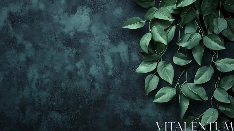 Trailing green foliage against textured dark teal wall