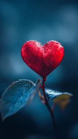 Red heart-shaped structure with water droplets on blue background