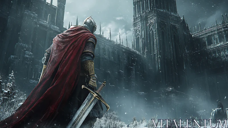 Crimson‑cloaked knight confronts a frozen gothic citadel.