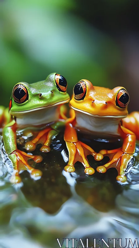 Bright tree frog friends share a calm, colorful moment together