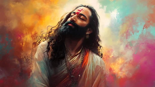 Digital portrait of bearded man in robes with vivid backdrop.