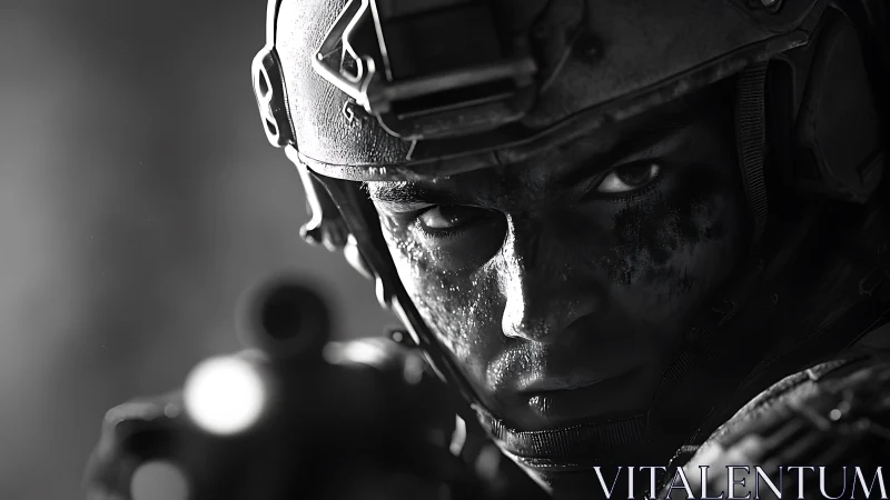 Close portrait of tactical soldier aiming weapon in grayscale.