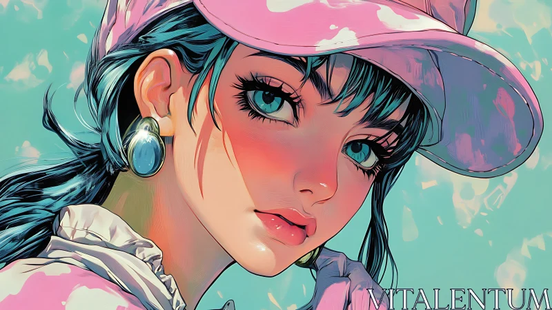 Stylized anime girl in pink cap with vivid teal background.