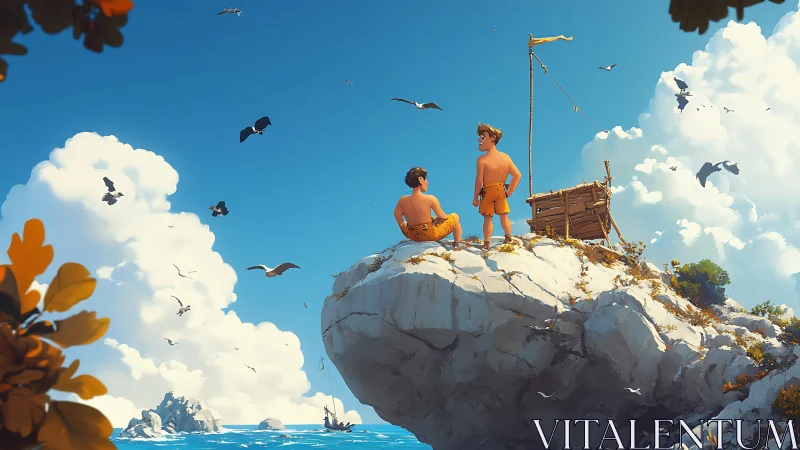 Two children stand on rocky island with wooden raft in ocean setting