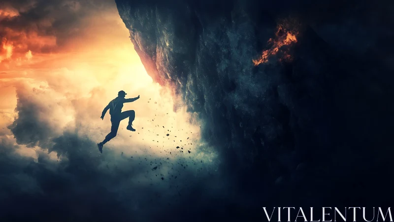 Silhouetted free climber leaping toward vertical cliff face