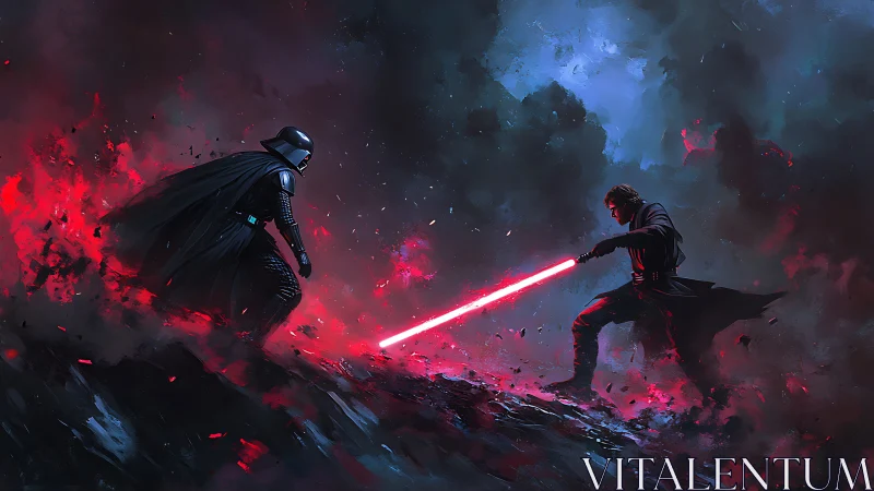 Twin crimson sabers carve tension through storming ash