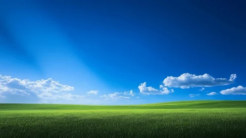 Grassy plain extends beneath deep blue sky with clouds