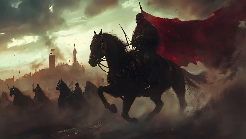 Armored cavalry commander charges siege-bound citadel at dusk.