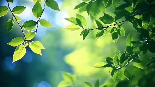 Sunlit green leaves on branches in soft, dreamy nature style.