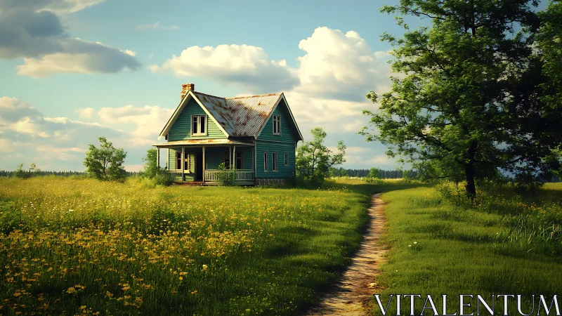 Green farmhouse in sunlit meadow with dirt path leading home.