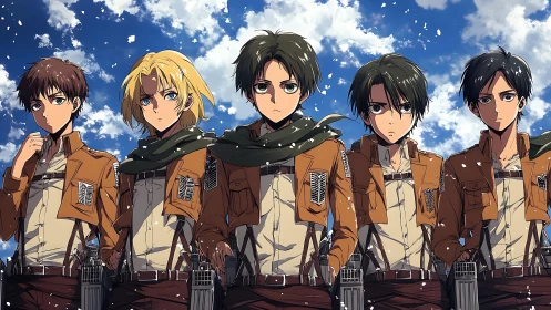 Group portrait of five uniformed anime soldiers outdoors.