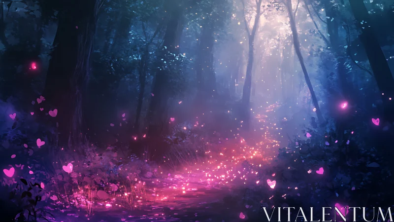 Enchanted forest glow with hearts floating through magical light.