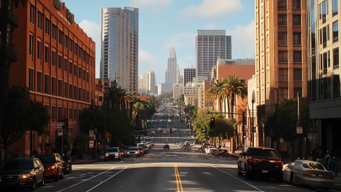 Downtown city street with traffic and tall office towers.
