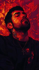 Quiet blaze of introspection in crimson dreamlight portrait.