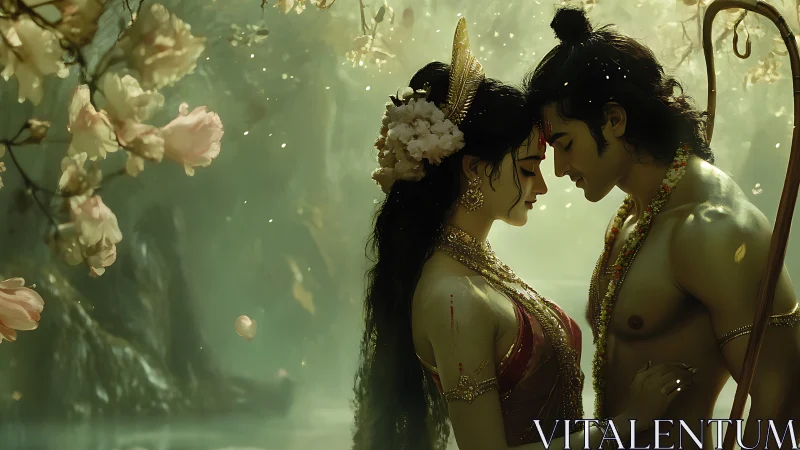 Classical Mythological Figures with Ornate Gold Adornments and Floral Environment