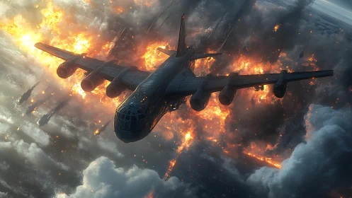 Inferno Descent: Military Cargo Aircraft Engulfed in Apocalyptic Flames.