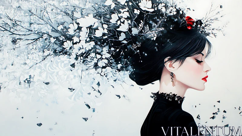 Elegant profile with blooming monochrome floral explosion