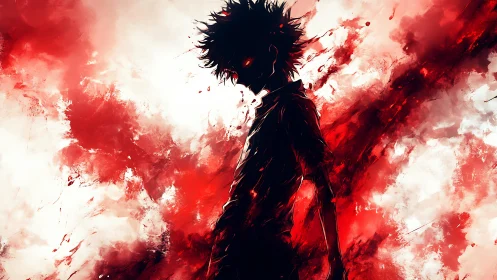 Silhouetted spiky haired figure in red abstract digital field.