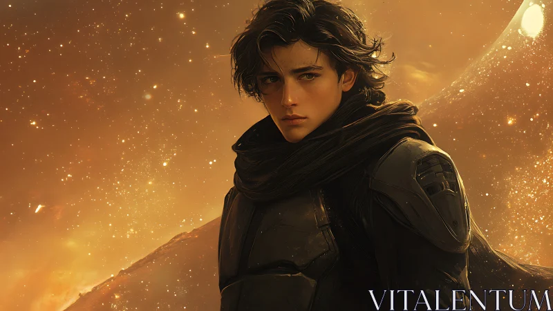 Stargazing wanderer in glowing desert twilight calm.