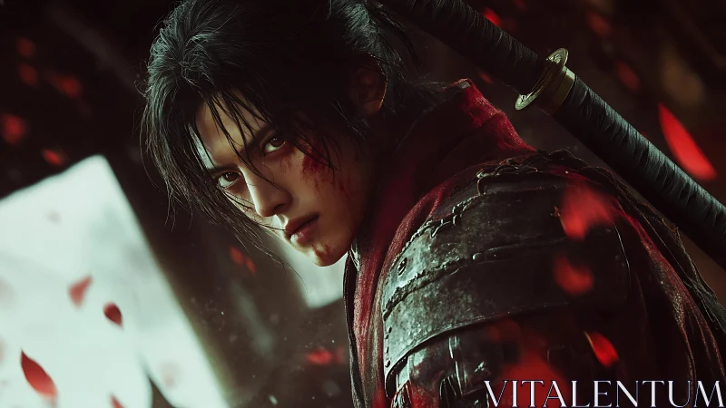 Wounded warrior in crimson armor amid drifting red petals.