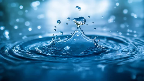 Gentle water droplet rises in a bright circle of ripples