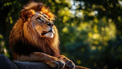 Golden-maned lion rests in raking backlight against soft bokeh