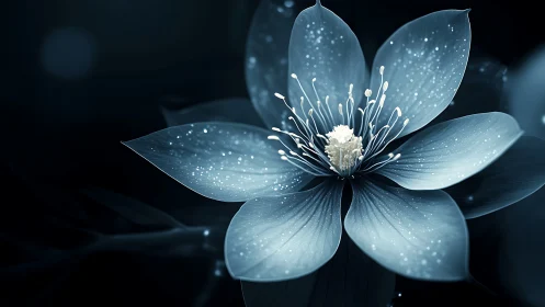 Luminescent Blue Flower with Glowing Petals and Water Droplets.