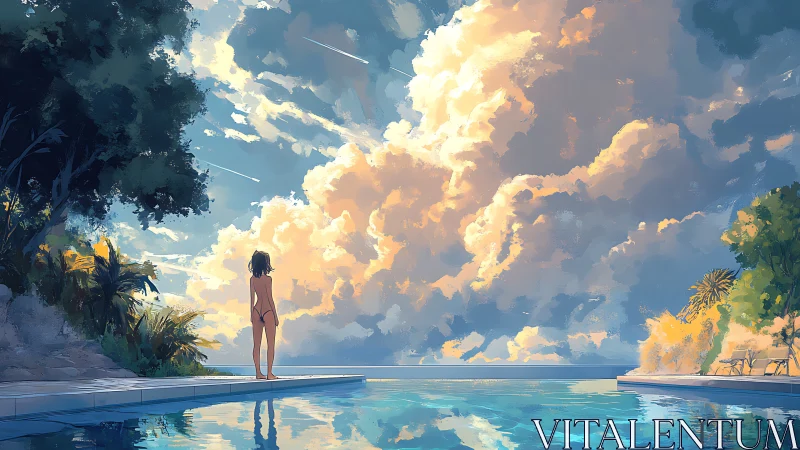 Solitary figure by pool under vast clouded sky.