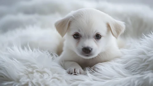 White puppy lies on textured white fur in soft lighting
