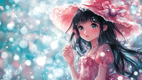 Dreamy girl in a rosy hat amid soft sparkling light.
