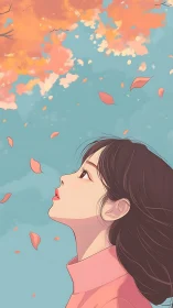 Girl in profile watches drifting autumn leaves, pastel sky.
