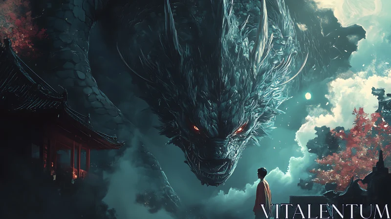 Moonlit dragon encounter beside a quiet temple skywalk.