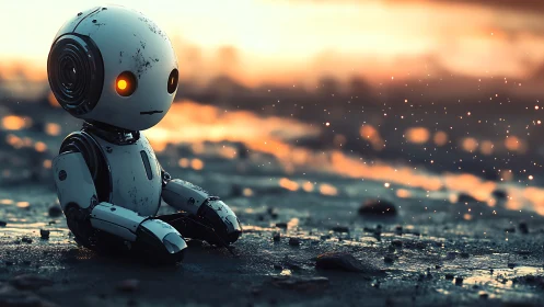 Melancholic beachside robot in glowing sunset drizzle.