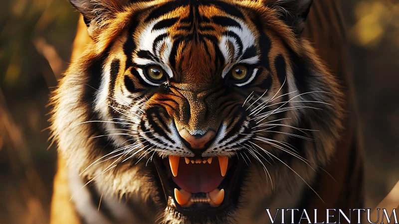 Tightly framed tiger snarl with sharp canines and directional rim light