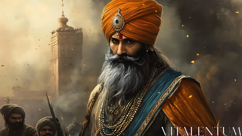 Sikh warrior leader stands before fortress in smoky battlefield